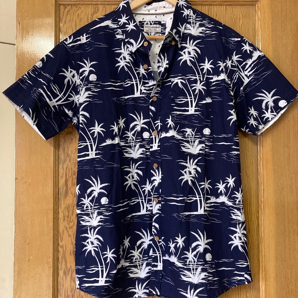 Eighth Avenue Blue & White Palm Print Cotton Button Down Shirt Men’s Size L